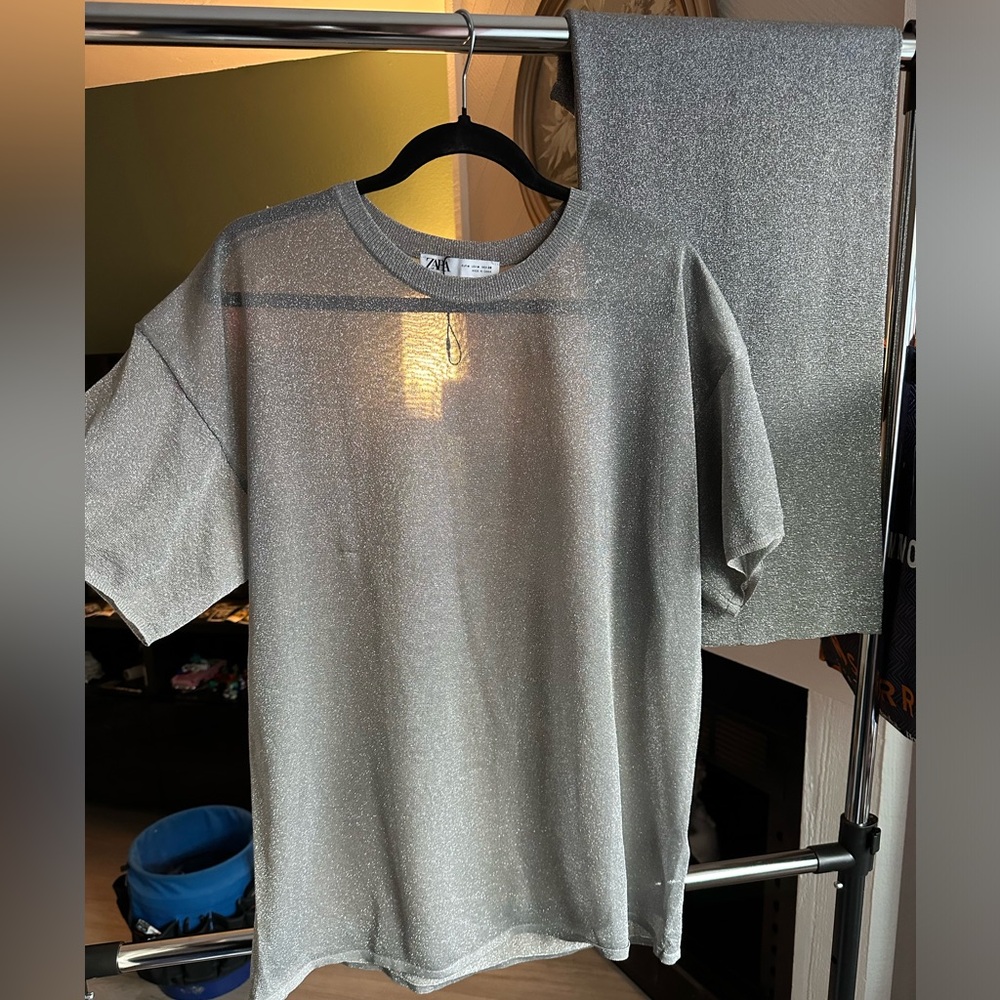 ZARA Silver Larex Pants and Top Womens US Size M Brand New With Tags